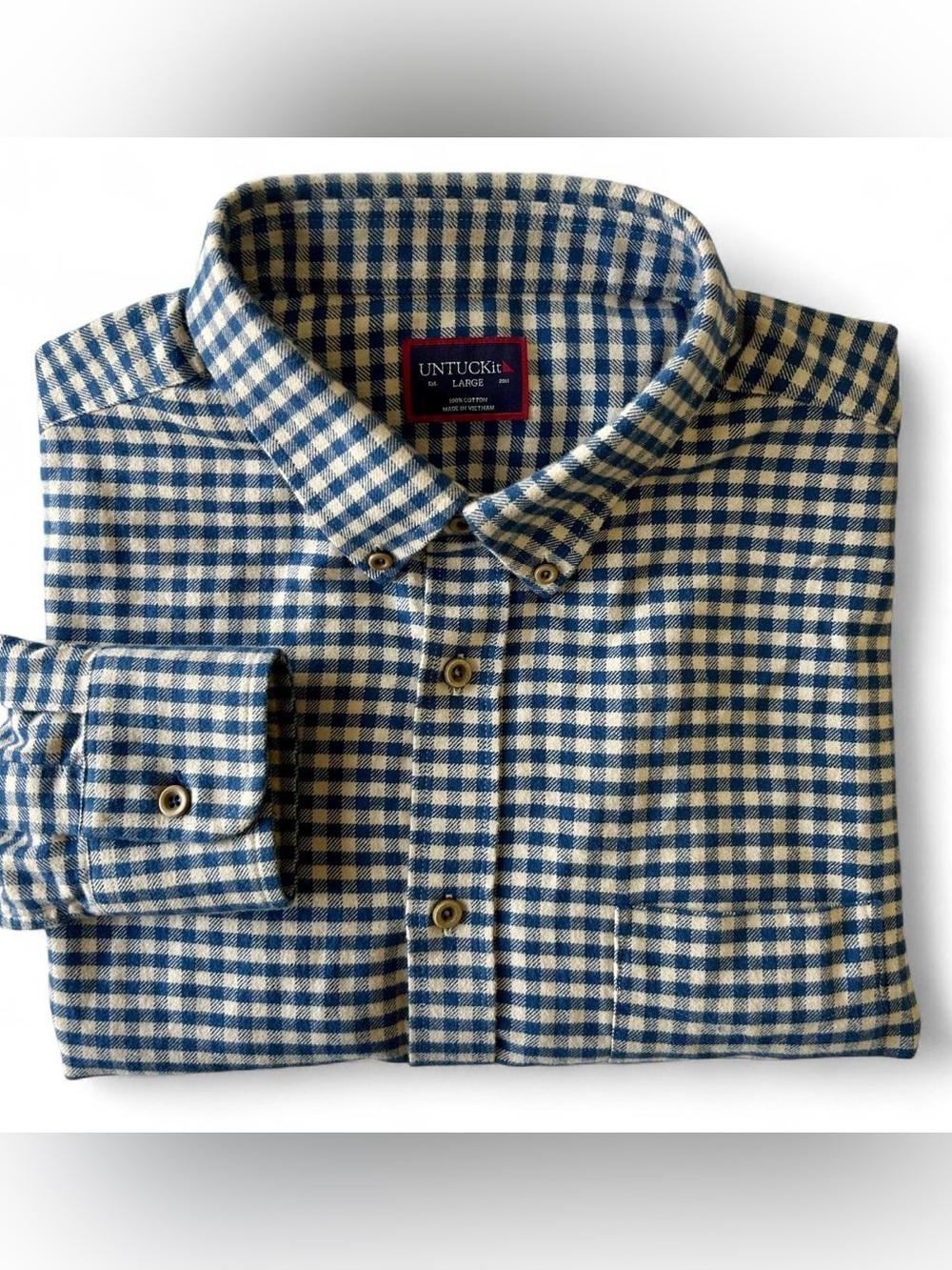 UNTUCKit Navy and Cream Gingham Button-Down Flannel like Shirt